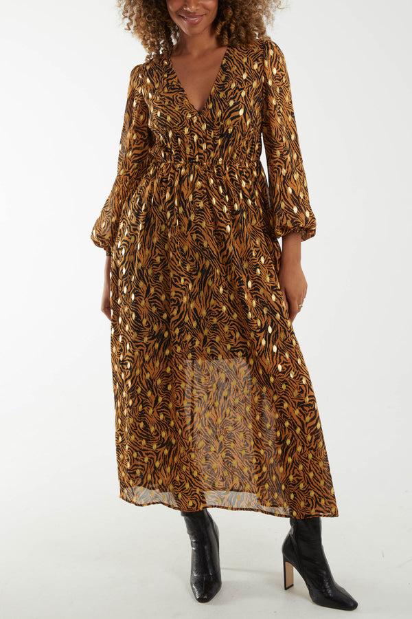 qed london Metallic Animal Print Shirred Waist Maxi Dress