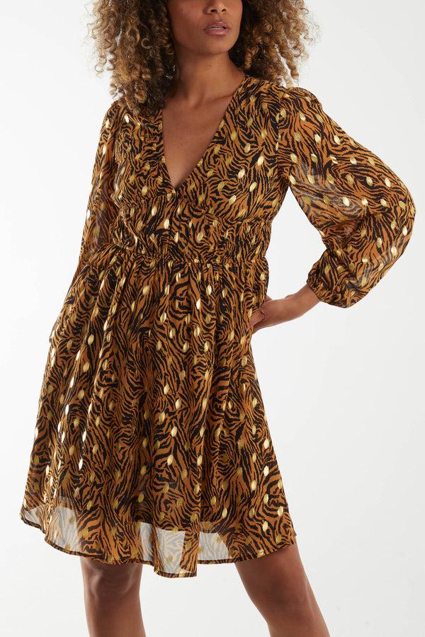 Qed London Metallic Animal Print Shirred Waist Mini Dress