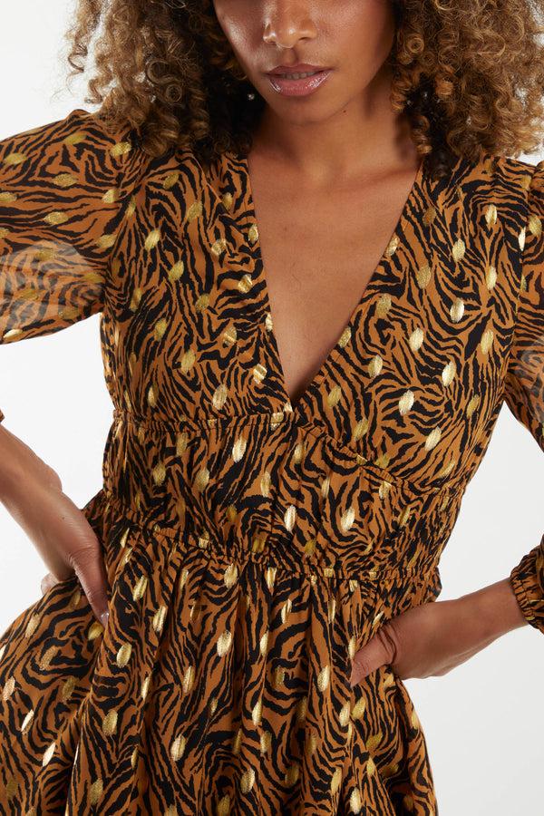 Qed London Metallic Animal Print Shirred Waist Mini Dress