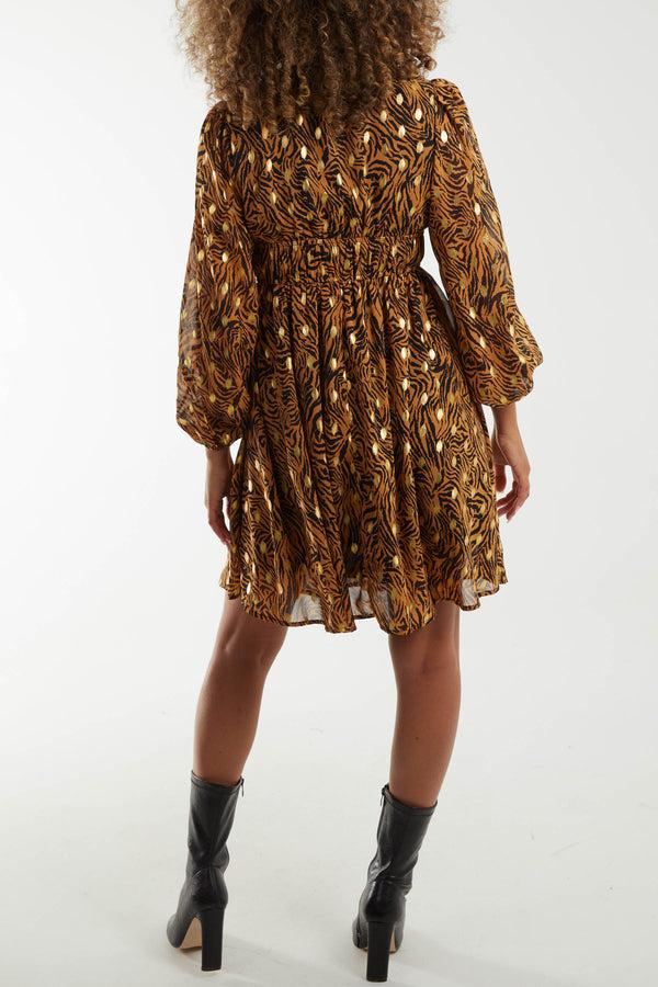 Qed London Metallic Animal Print Shirred Waist Mini Dress