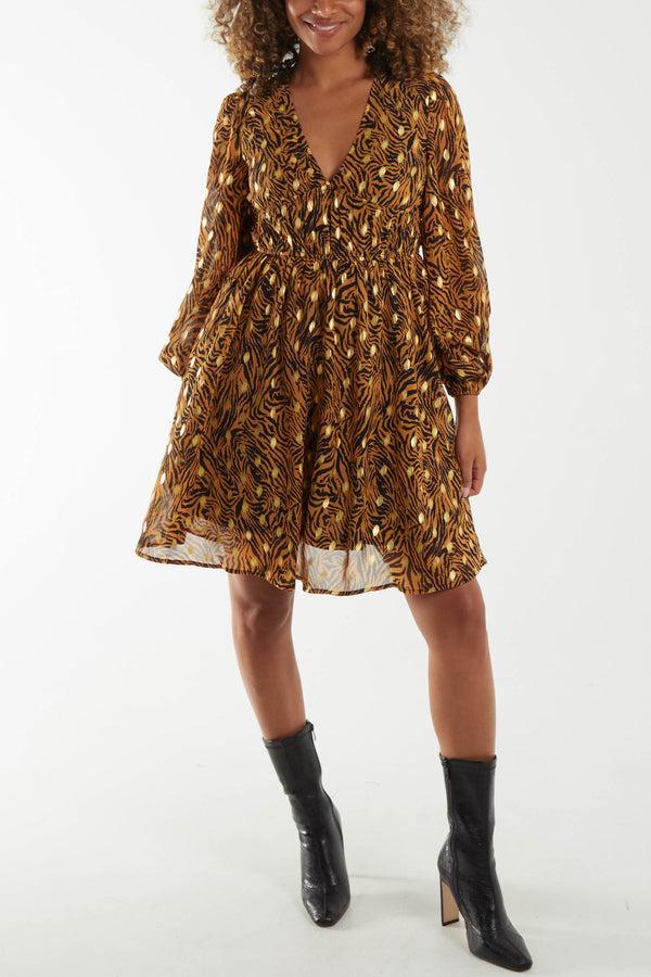 qed london Metallic Animal Print Shirred Waist Mini Dress
