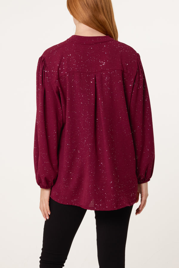 Qed London Metallic Glitter Collarless V-Neck Blouse
