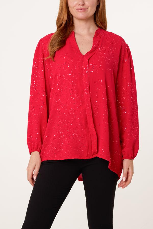 Qed London Metallic Glitter Collarless V-Neck Blouse