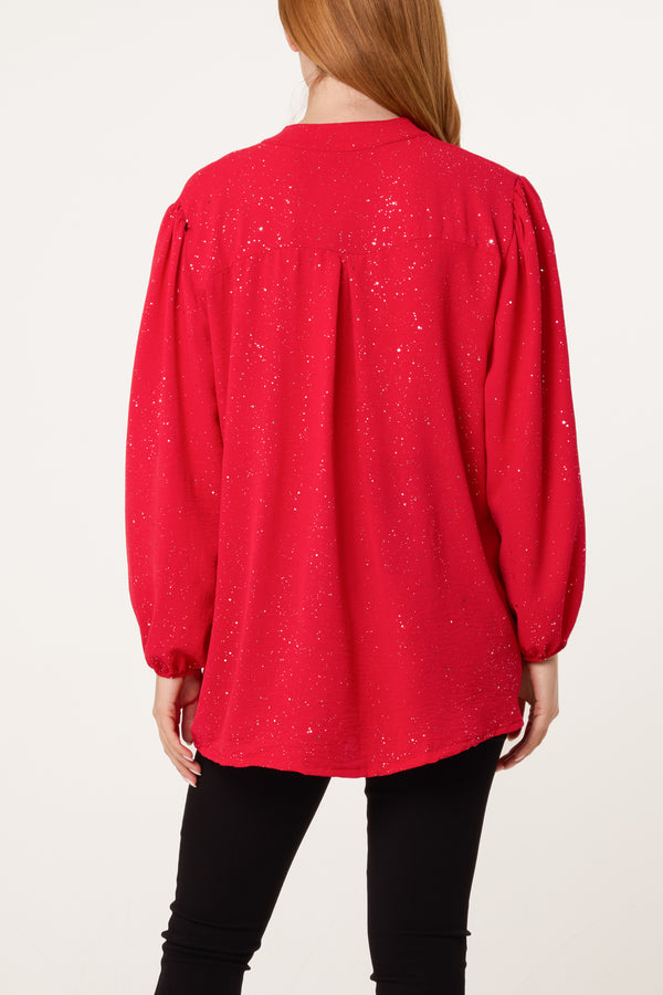Qed London Metallic Glitter Collarless V-Neck Blouse