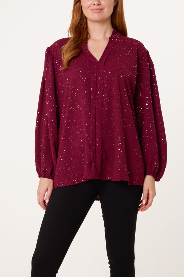 qed london Metallic Glitter Collarless V-Neck Blouse