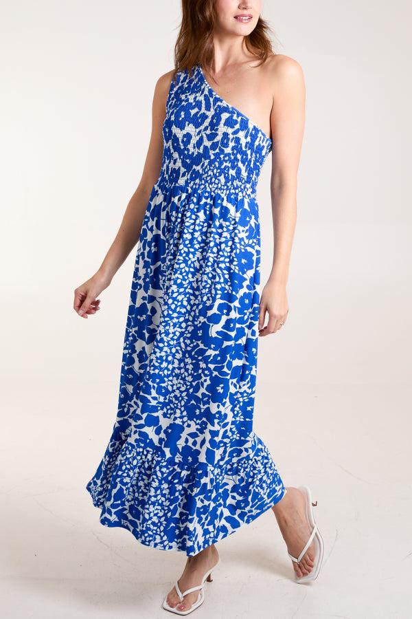 Qed London Mixed Floral Print Shirred One Shoulder Midi Dress