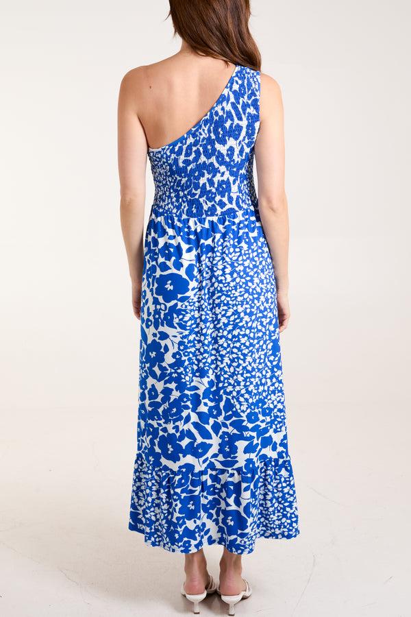 Qed London Mixed Floral Print Shirred One Shoulder Midi Dress