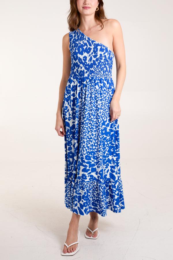 qed london Mixed Floral Print Shirred One Shoulder Midi Dress