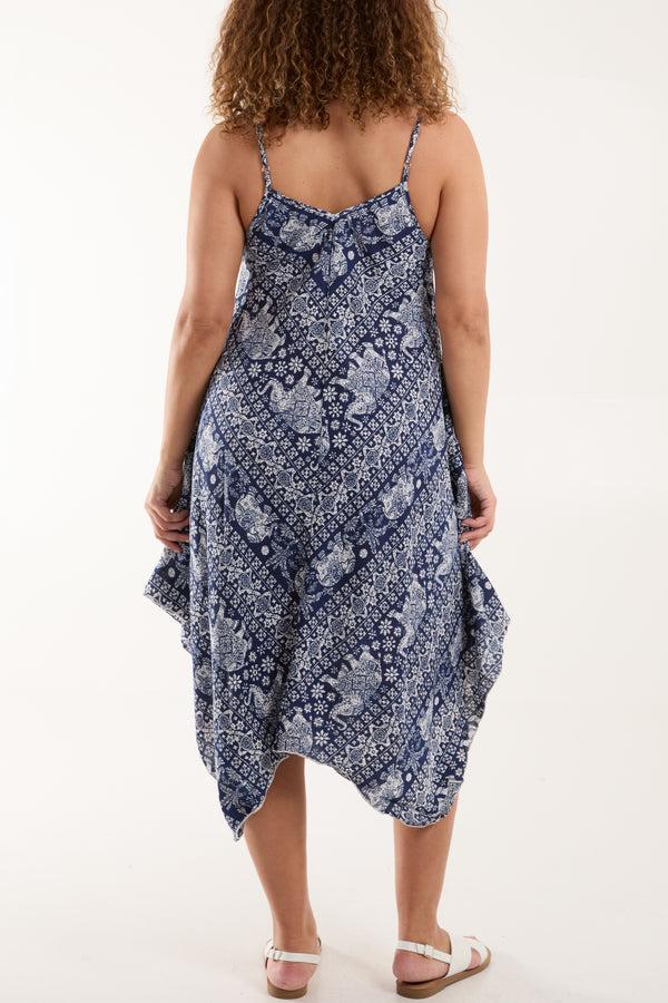 Qed London Navy Elephant Print Cami Hanky Hem Dress