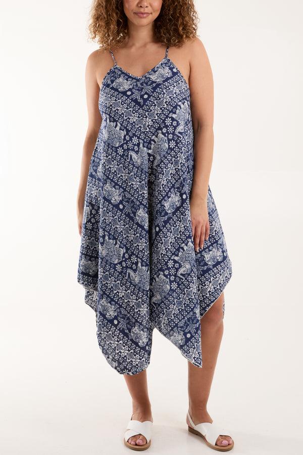 qed london Navy Elephant Print Cami Hanky Hem Dress