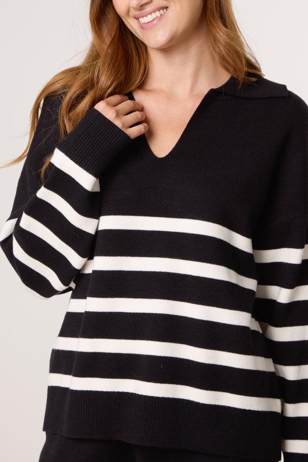 Qed London Open Collar Striped Jumper & Trouser Knitted Set