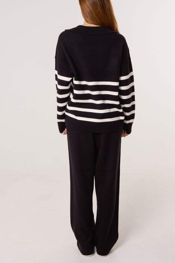 Qed London Open Collar Striped Jumper & Trouser Knitted Set