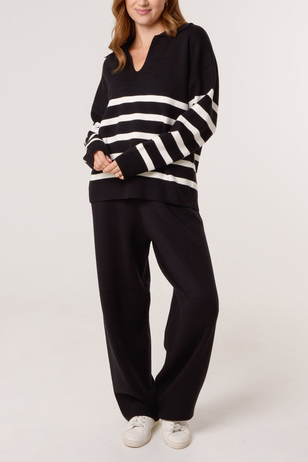 qed london Open Collar Striped Jumper & Trouser Knitted Set