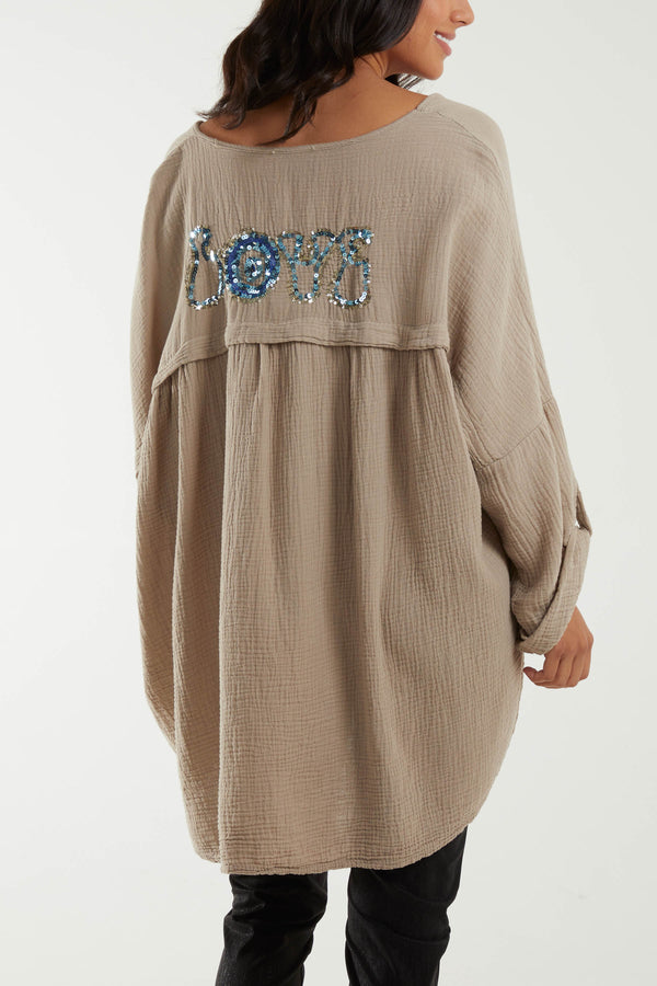 Qed London Oversized Cheesecloth Sequin "Love" Blouse