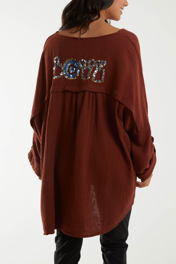 qed london Oversized Cheesecloth Sequin "Love" Blouse