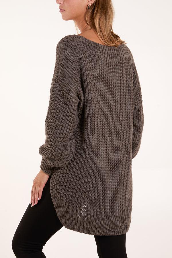 Qed London Oversized V-Neck Chunky Knit Dip Hem Jumper