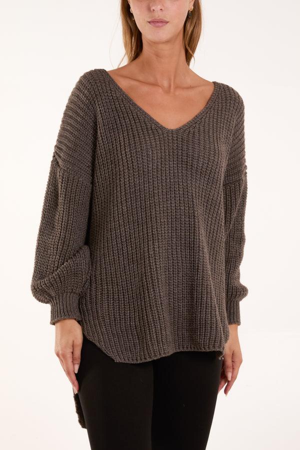 Qed London Oversized V-Neck Chunky Knit Dip Hem Jumper