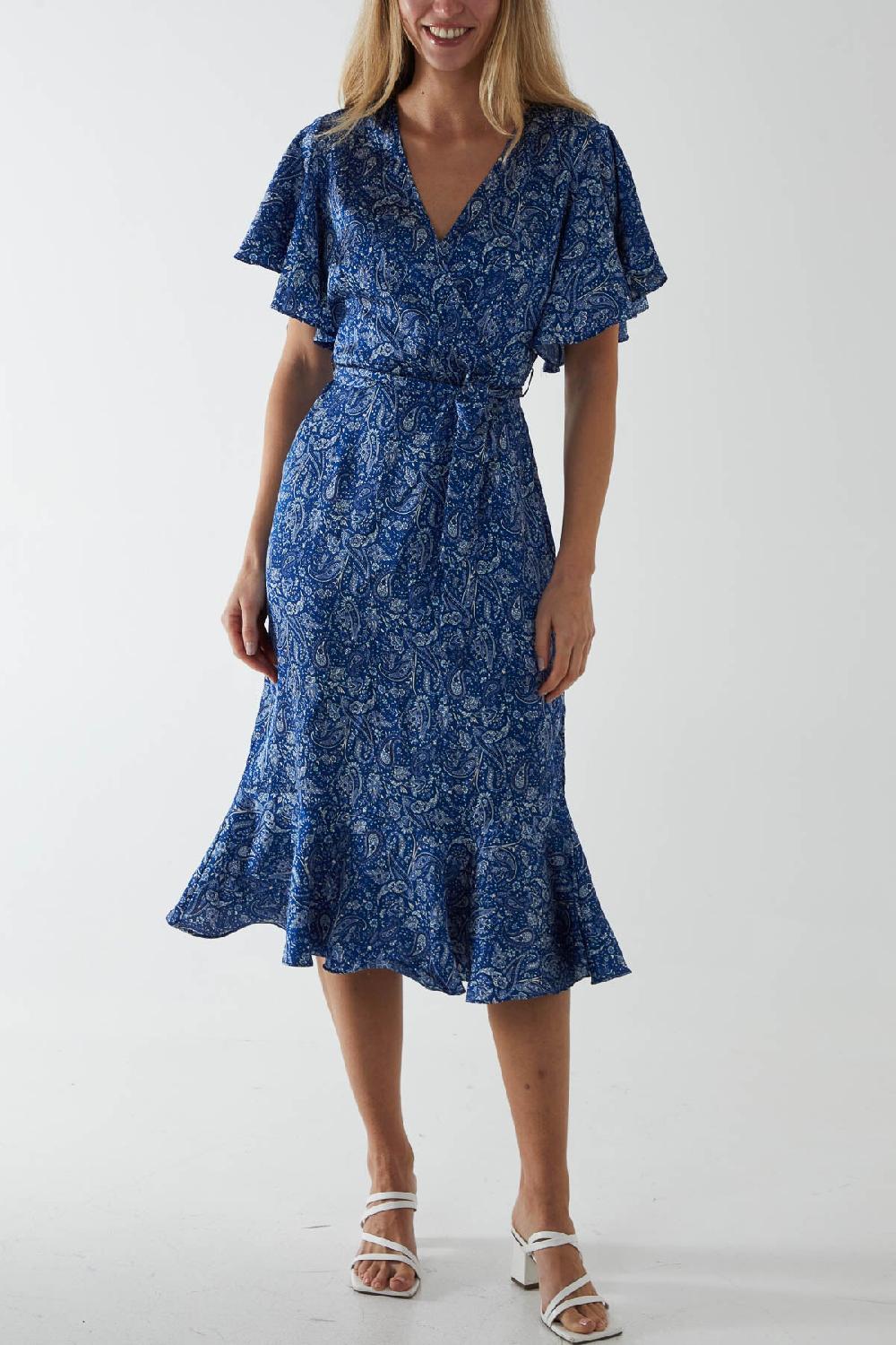 Qed London Paisley Angel Sleeve Wrap Ruffle Midi Dress