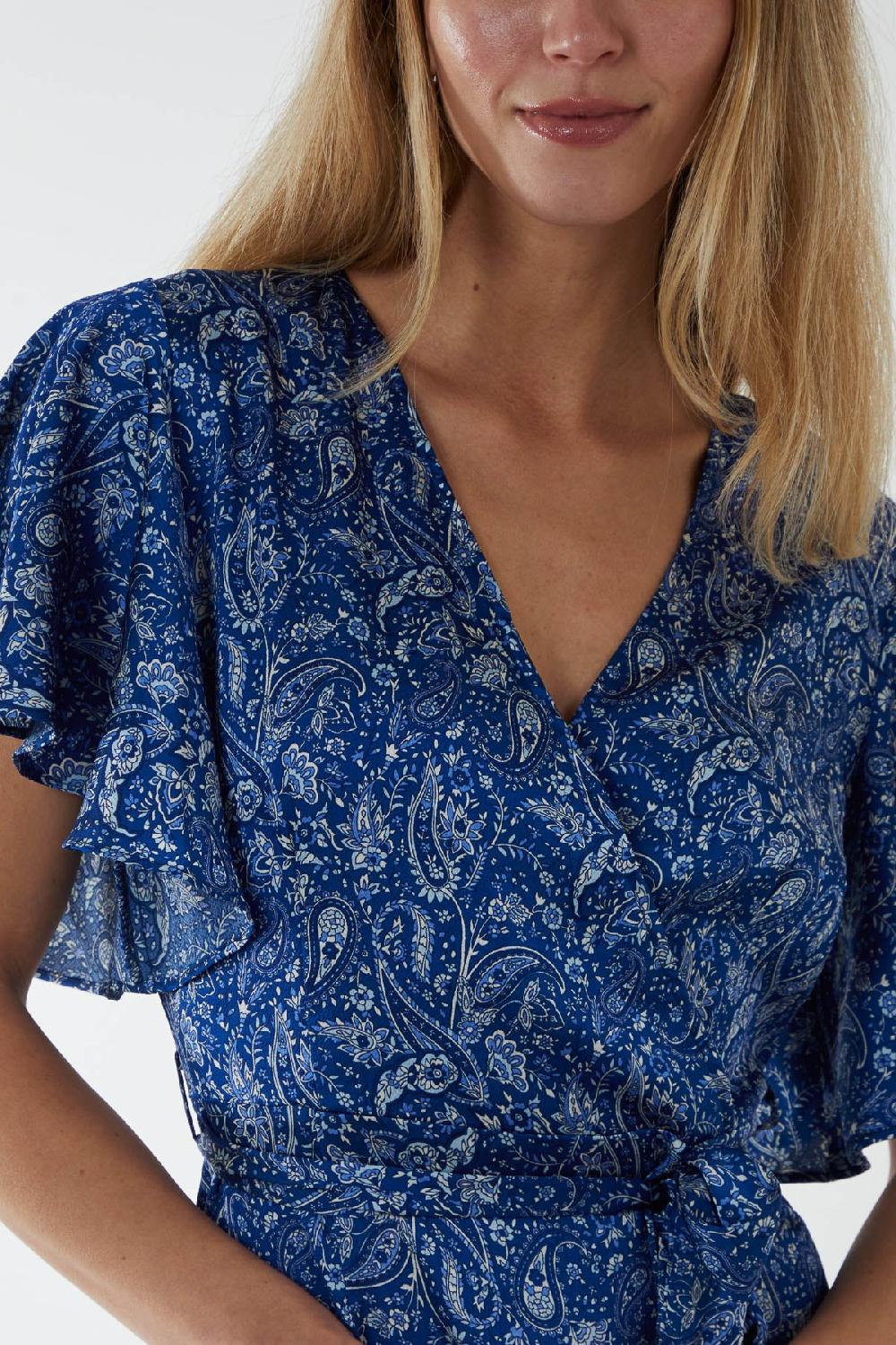 Qed London Paisley Angel Sleeve Wrap Ruffle Midi Dress