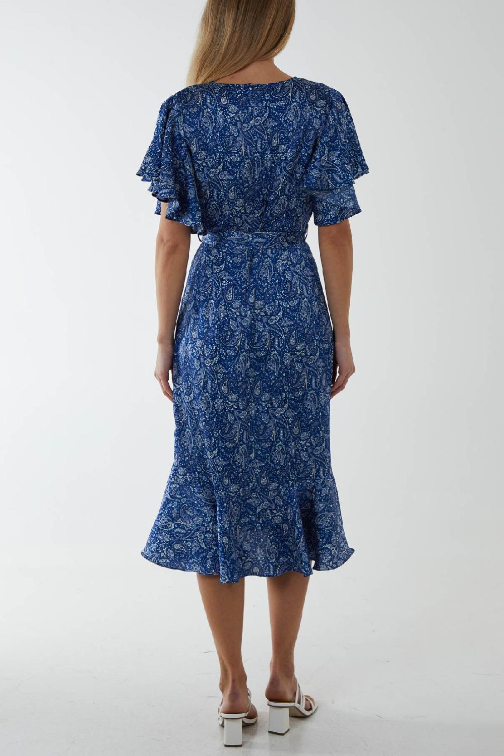 Qed London Paisley Angel Sleeve Wrap Ruffle Midi Dress