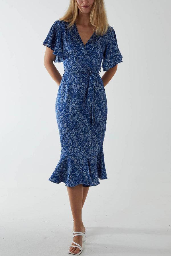 qed london Paisley Angel Sleeve Wrap Ruffle Midi Dress
