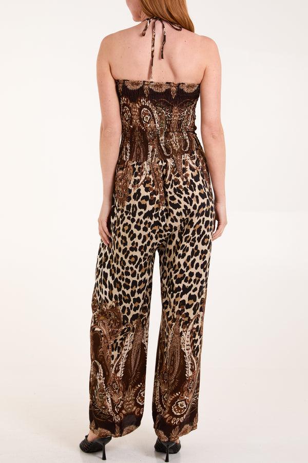 Qed London Paisley & Leopard Print Strapless Jumpsuit