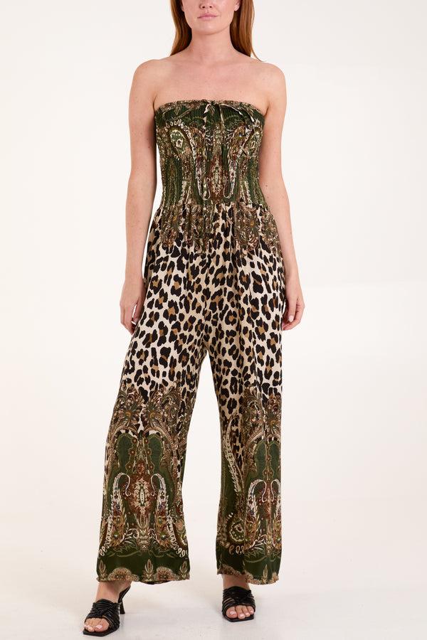 Qed London Paisley & Leopard Print Strapless Jumpsuit