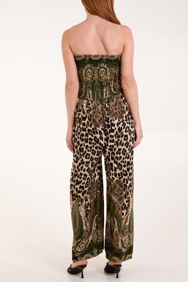 Qed London Paisley & Leopard Print Strapless Jumpsuit