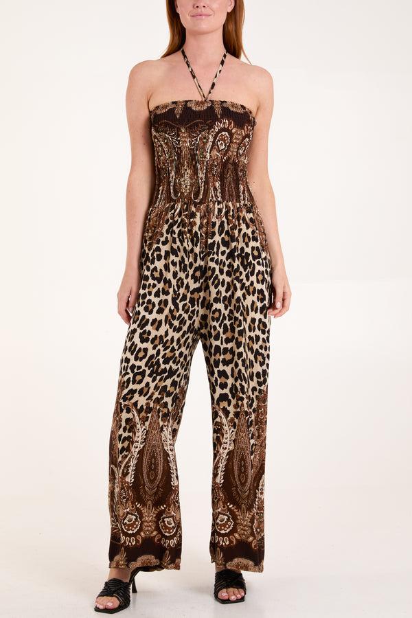 qed london Paisley & Leopard Print Strapless Jumpsuit