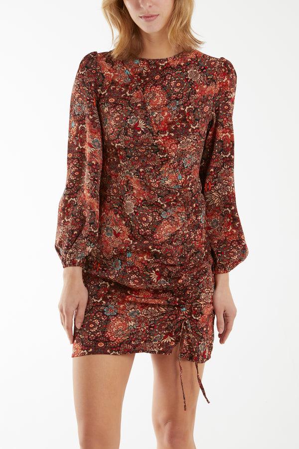Qed London Paisley Print Bell Sleeve Ruched Mini Dress
