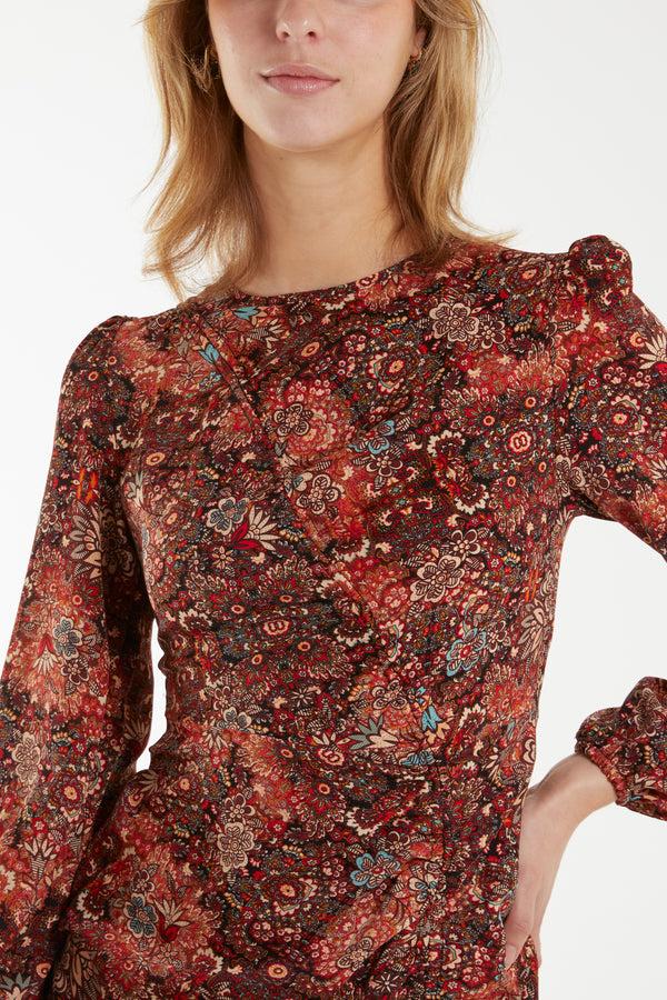 Qed London Paisley Print Bell Sleeve Ruched Mini Dress
