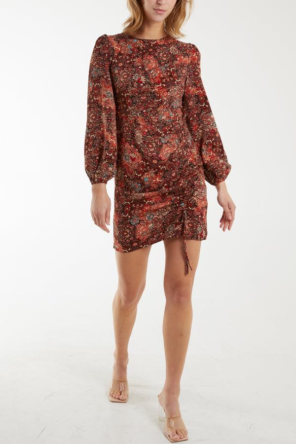 qed london Paisley Print Bell Sleeve Ruched Mini Dress