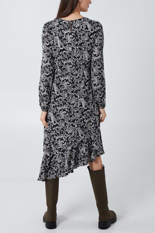 Qed London Paisley Print Long Sleeve Asymmetric Hem Midi Dress