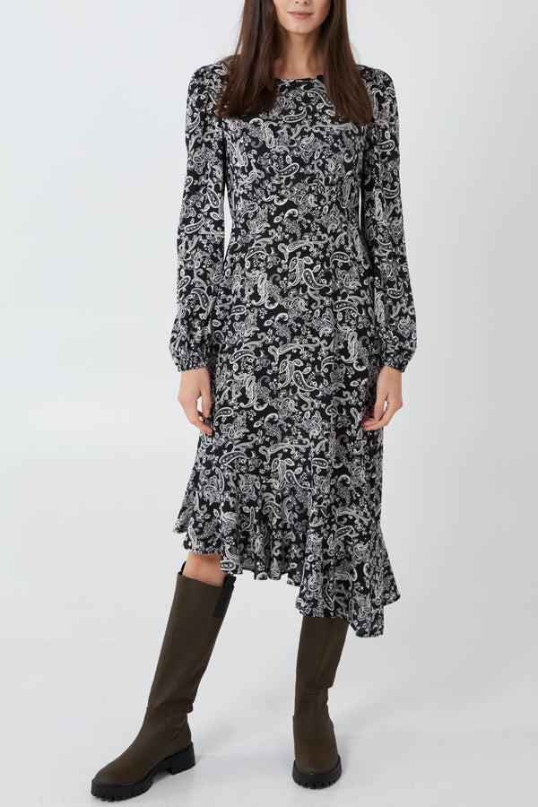Qed London Paisley Print Long Sleeve Asymmetric Hem Midi Dress