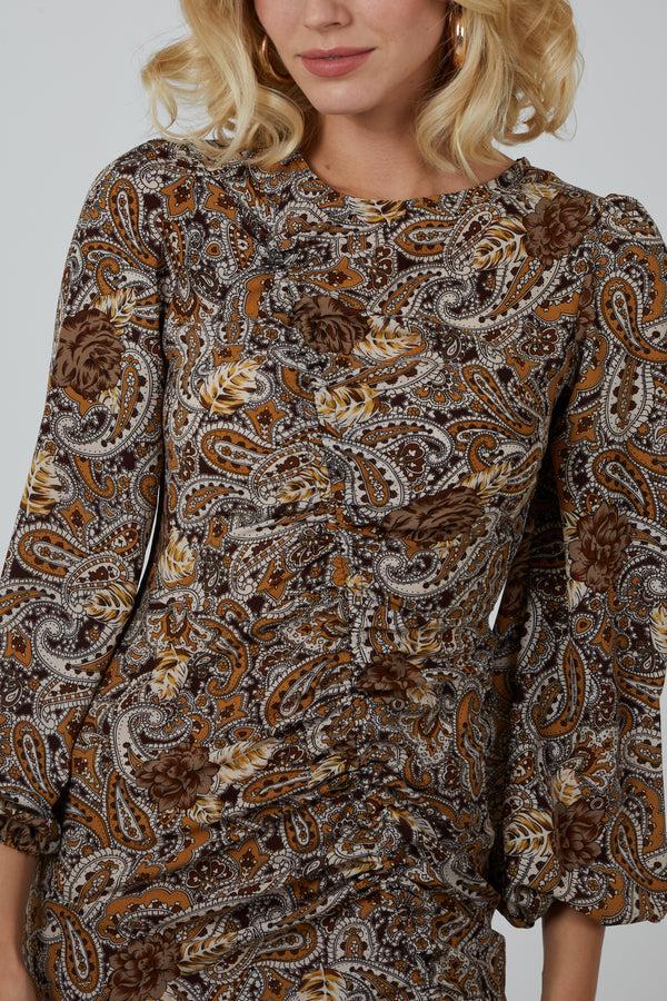 Qed London Paisley Ruched Midi Dress With Bell Sleeves