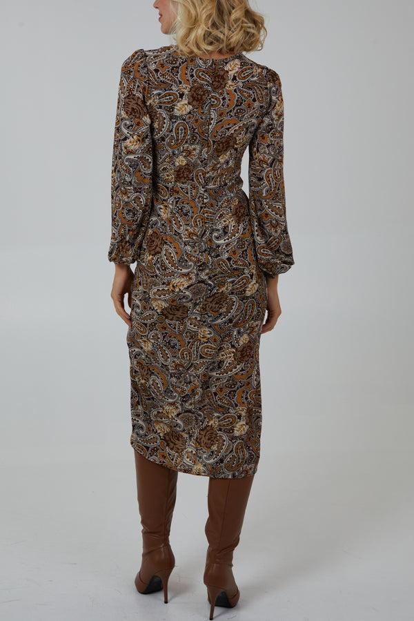Qed London Paisley Ruched Midi Dress With Bell Sleeves