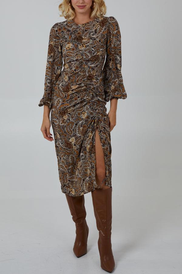 qed london Paisley Ruched Midi Dress With Bell Sleeves