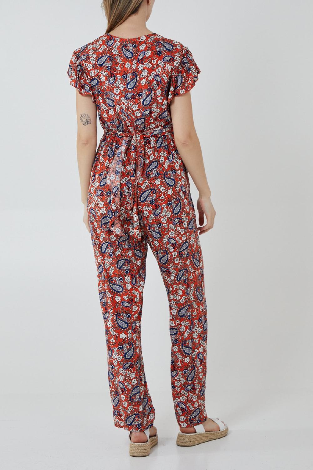 Qed London Paisley Wrap Front Frill Sleeve Jumpsuit