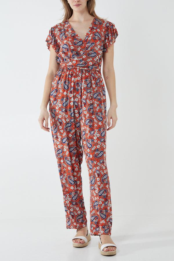 qed london Paisley Wrap Front Frill Sleeve Jumpsuit