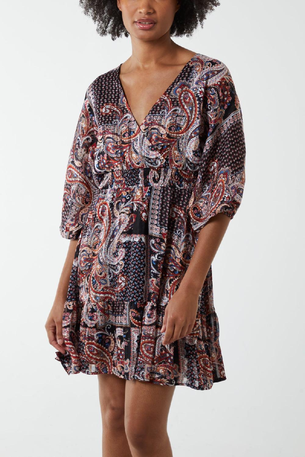 Qed London Paisley Wrap Front Kimono Sleeve Mini Dress
