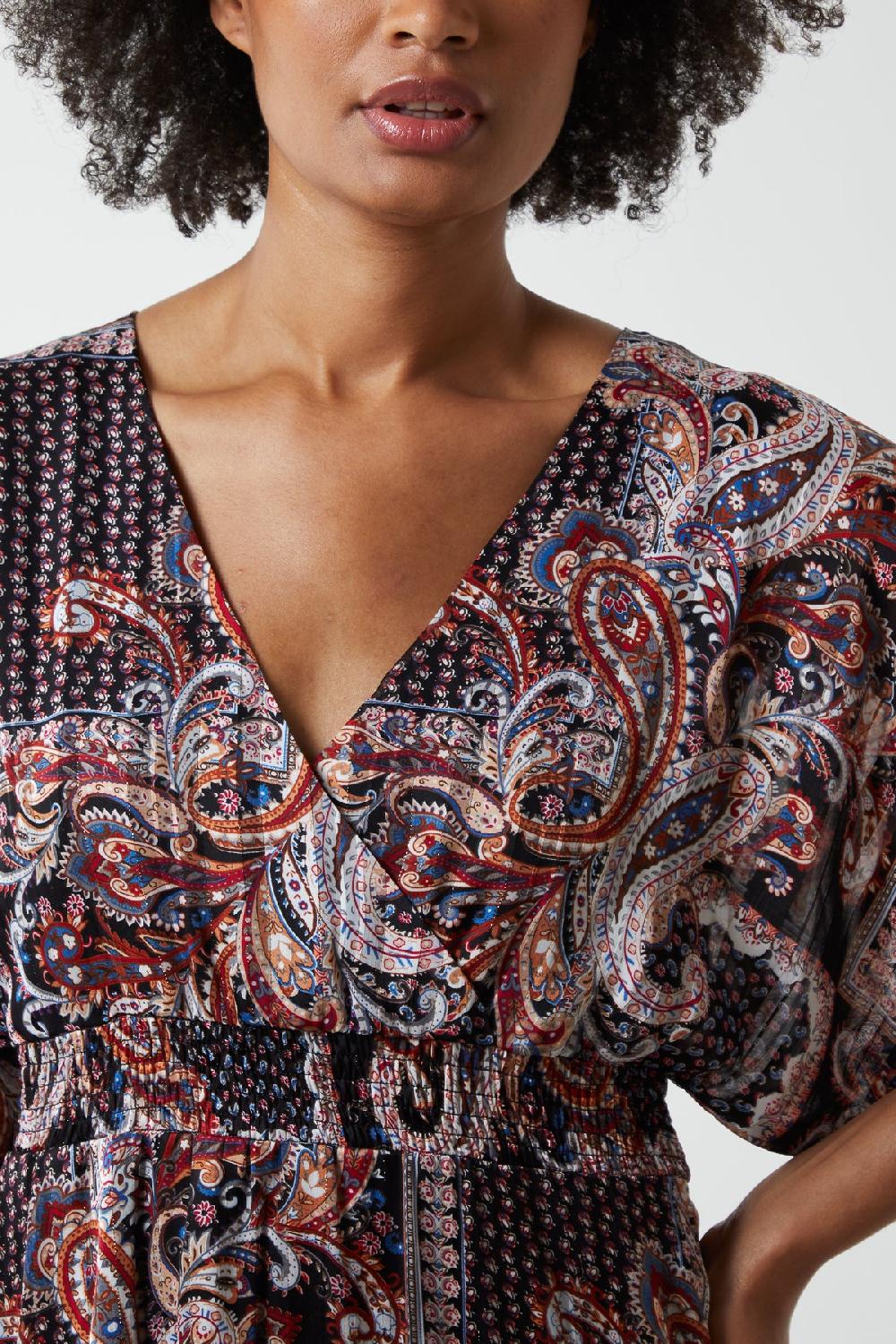 Qed London Paisley Wrap Front Kimono Sleeve Mini Dress