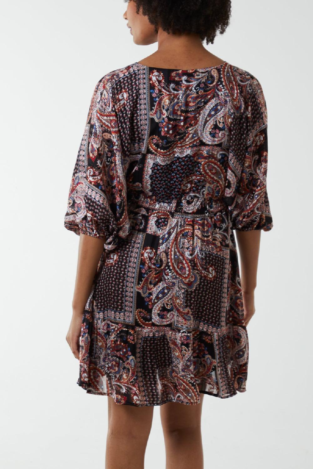 Qed London Paisley Wrap Front Kimono Sleeve Mini Dress