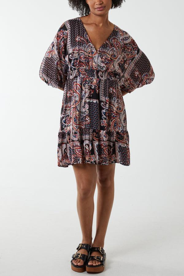 qed london Paisley Wrap Front Kimono Sleeve Mini Dress