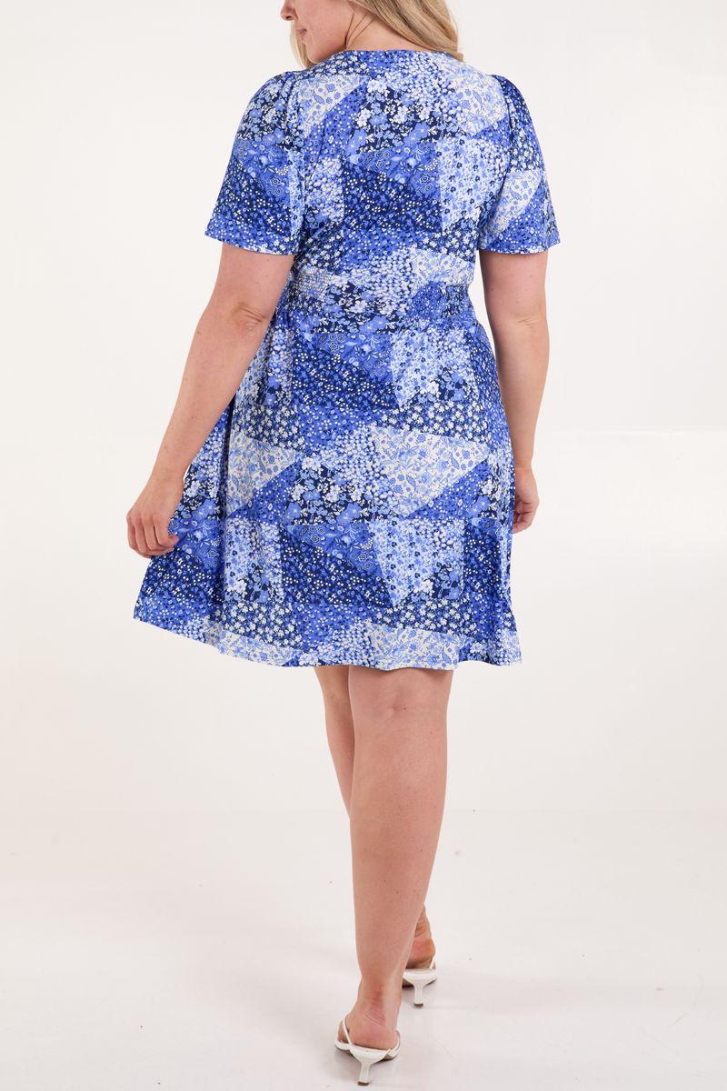 Qed London Patchwork Floral Shirred Button Mini Dress