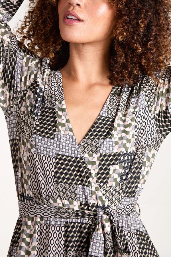 Qed London Patchwork Print Wrap Front Stretch Dress