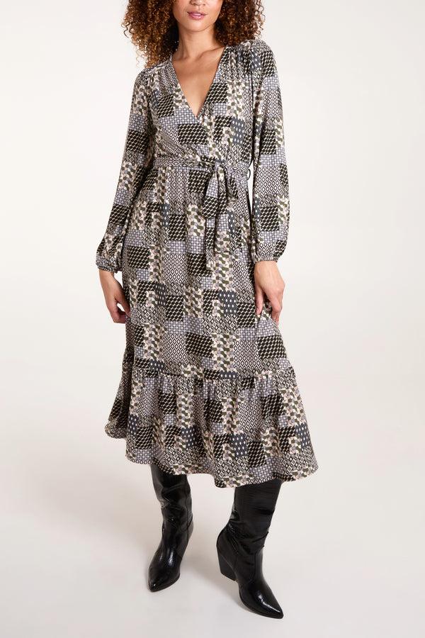 Qed London Patchwork Print Wrap Front Stretch Dress