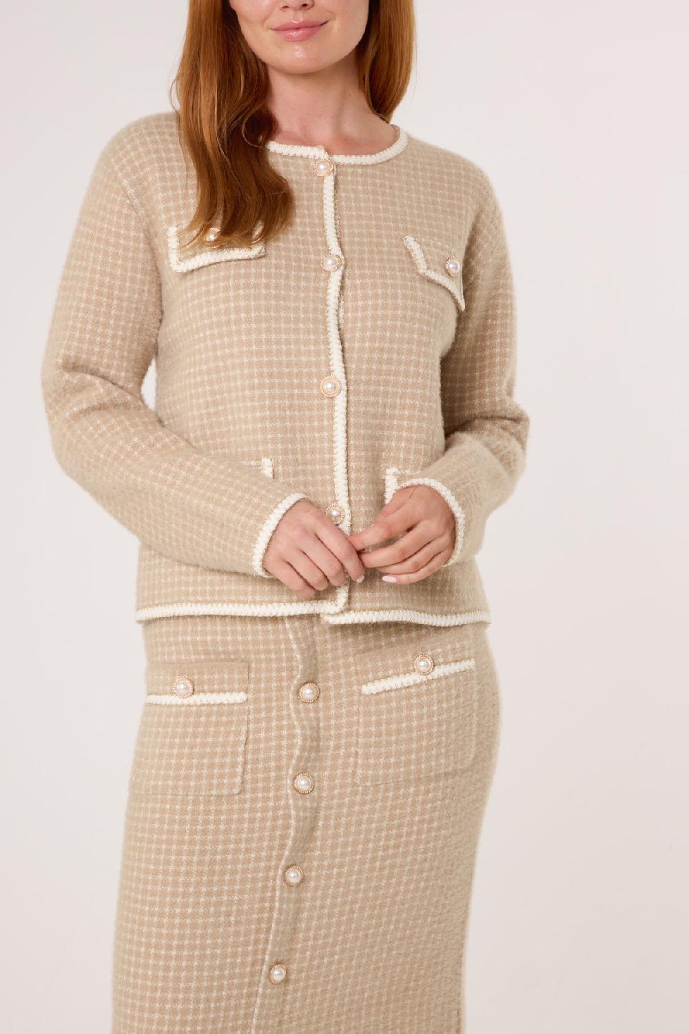 Qed London Pearl Button Check Knit Cardigan & Skirt Set