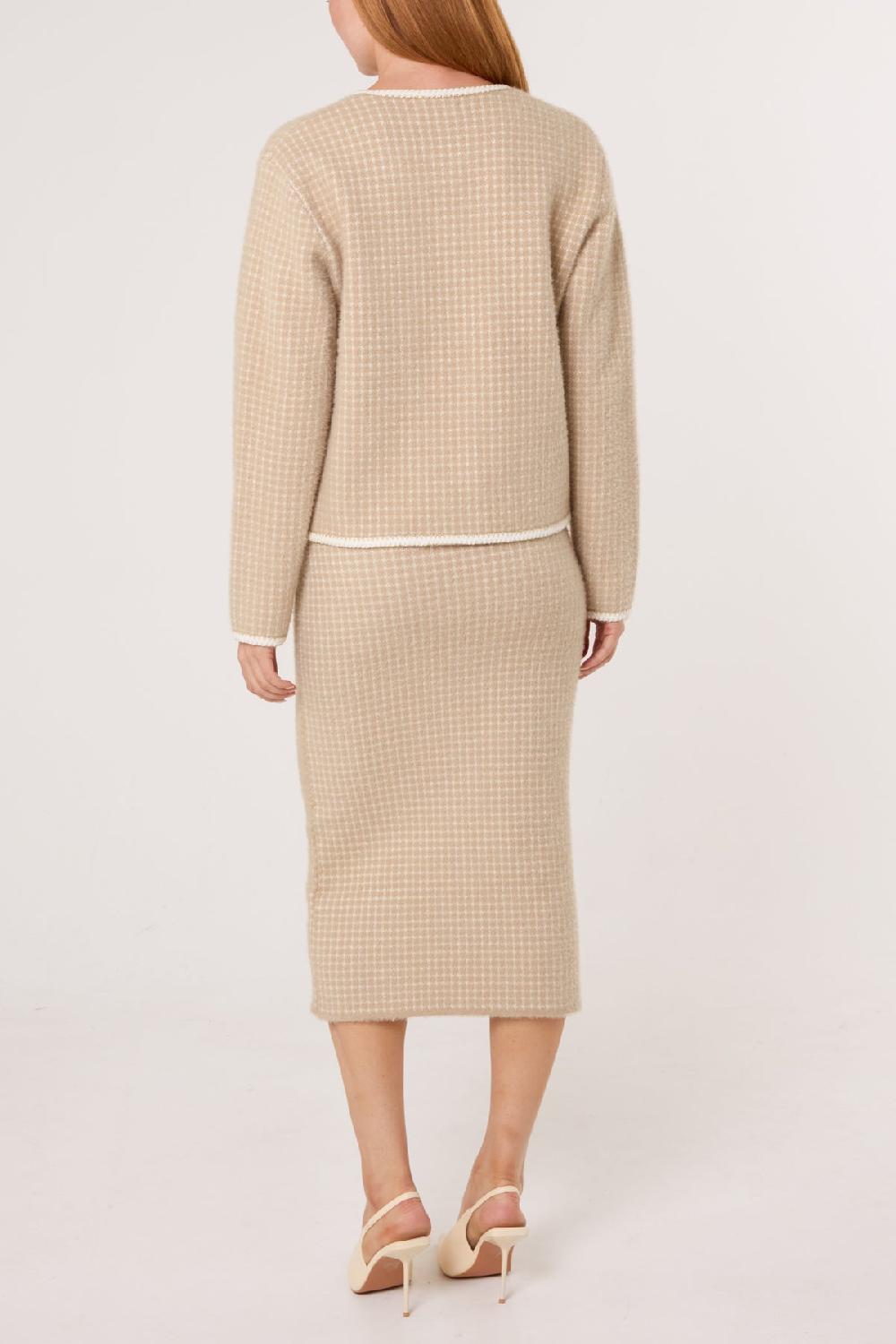 Qed London Pearl Button Check Knit Cardigan & Skirt Set