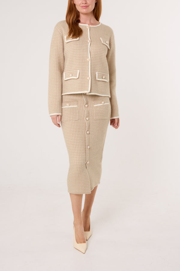 qed london Pearl Button Check Knit Cardigan & Skirt Set