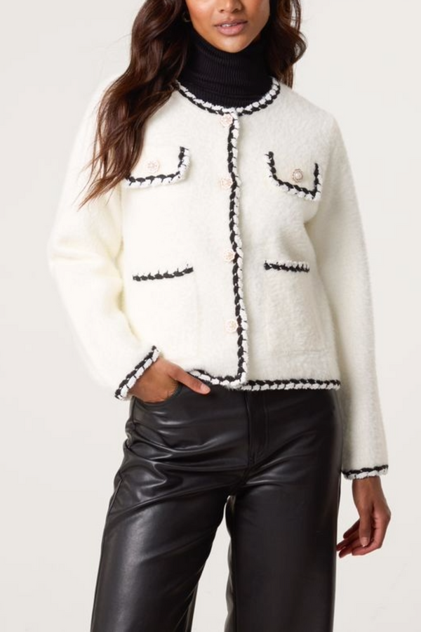 qed london Pearl Button Contrast Trim Knit Cardigan